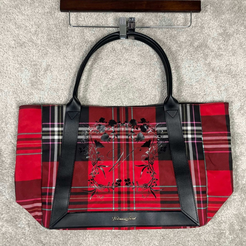 Victoria's Secret Red Plaid Holiday Tote Bag Black Faux Leather Trim 36013941